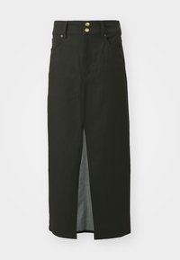 Fustă din denim negru cu talie înaltă, închidere cu două butoane aurii, fante în față și buzunare laterale. Textură netedă și design până la genunchi.