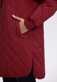 Rode gewatteerde jacket met een zijzak, ribbelmanchetten en een ronde onderrand. De stof is glad met een gewatteerde textuur.