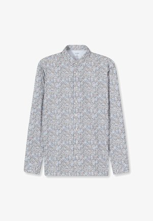 Langärmliges Hemd mit einem hellblauen Blumenmuster auf weichem Stoff, mit Stehkragen und durchgehender Knopfleiste.