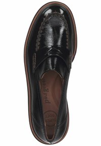 Black patent leather loafer with stitching detail, rounded toe, and a cushioned insole featuring "SUPER SOFT" branding. Brown outsole.