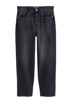 Jean en denim noir à coupe droite avec bouton devant, fermeture éclair et design à cinq poches, présenté sur fond blanc.