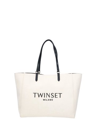 Hvid mulepose med sorte håndtag og "TWINSET MILANO" trykt i sort på forsiden.