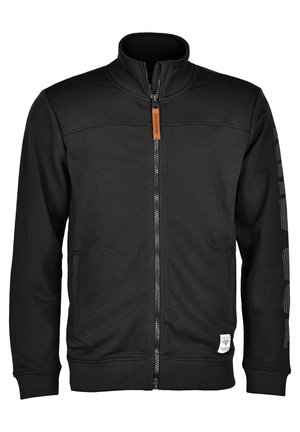 Czarny rozpinany sweatshirt wykonany z miękkiego materiału. Posiada wysoki kołnierz, boczne kieszenie i skórzany akcent przy suwaku. Pionowe paski na rękawie.