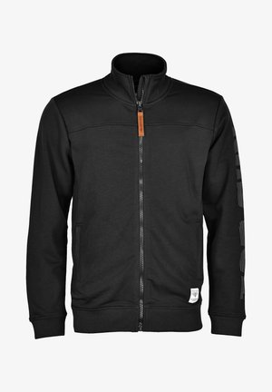 Sort zip-up sweatshirt lavet af blødt stof. Har en høj krave, sidelommer og en læderdetalje på lynlåsens trækkraft. Lodrette striber på ærmet.