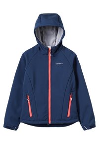 Marineblå softshell-jakke med hætte, koralfarvede lynlåse, to sidelommer og grå fleeceforing. Har kontrastsyninger og tommelhuller.