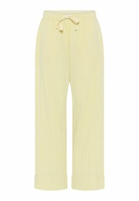 Lichtgele, gestructureerde, wijde broek met een trekkoord in de taille en opgerolde mouwen. Zacht stof met subtiele ribbelstructuur.