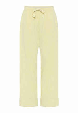 Lysegule, strukturerede, brede bukser med elastisk talje og opsmøgede nederste kanter. Blødt stof med diskret ribbestruktur.