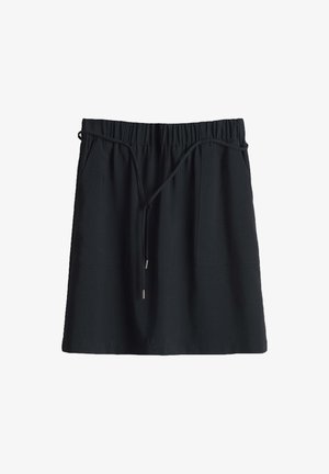 Schwarze knielange Rock mit elastischem Bund, Zugband mit Metallenden und vorderen aufgesetzten Taschen.