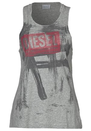 Gray sleeveless Diesel tank top with black abstract brush strokes and a red Diesel logo across the chest.