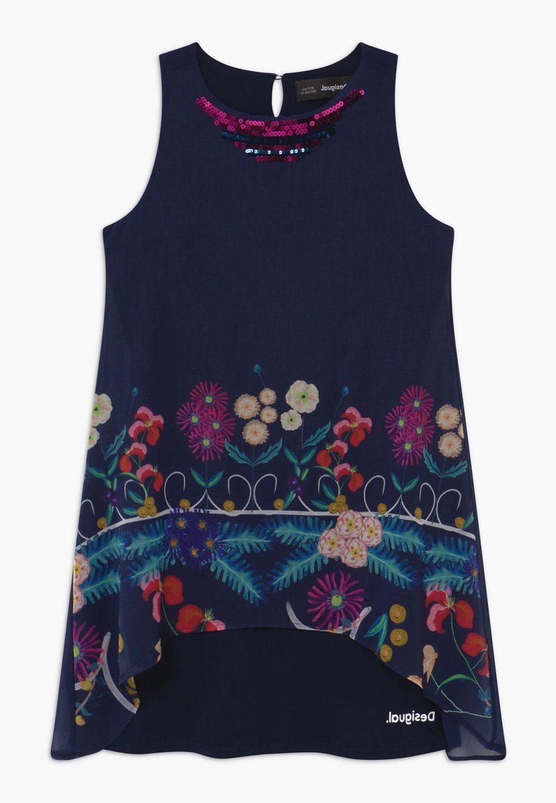 Robe bleu marine sans manches avec ourlet à imprimé floral, encolure ornée de sequins et détail d'ourlet asymétrique.