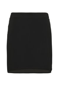Čierna mini sukňa s hladkým, matným materiálom. Má priliehavý pás a dekoratívny čipkový lem na bokoch. Jednoduchý, elegantný dizajn.
