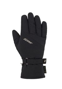 Schwarze Winterhandschuhe mit strukturiertem Design, ausgestattet mit einem verstellbaren Riemen und einem Gore-Tex-Label. Ziener-Logo in Silber auf der Rückseite.