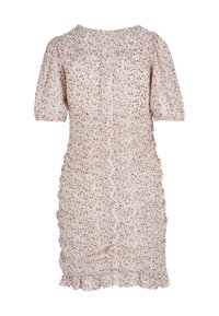 Robe mini à imprimé floral en rose clair, dotée de courtes manches bouffantes, de détails froncés sur les côtés et d'un ourlet à volants.