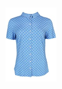 Kurzärmeliges Hemd aus hellblauem Stoff mit einem wirbelnden Muster in dunklerem Blau. Verfügt über eine durchgehende Knopfleiste und ein klassisches Kragen-Design.