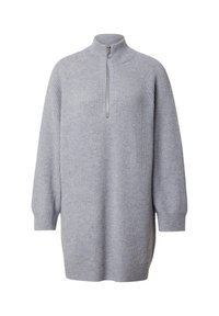 Grijze, geribbelde sweaterdress met een hoge kraag, een halve rits en brede mouwen; heeft een relaxed fit en een gestructureerde stof.