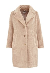 Manteau en fausse fourrure beige avec un col cranté, trois boutons, deux poches latérales et une texture douce, avec une doublure intérieure unie.