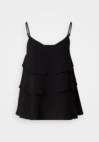 Camisola nera a strati con scollatura a V, spalline regolabili e tessuto testurizzato. Presenta tre strati arricciati.