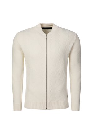 Witte gebreide cardigan met rits met een subtiel visgraatpatroon, geribde boorden en kraag, afgebeeld op een effen achtergrond.