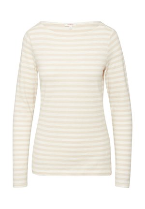 Haut à manches longues beige clair avec de fines rayures blanches horizontales, un décolleté large et une texture douce. Convient pour un look décontracté.