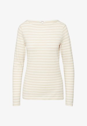 Hellbeige Langarmshirt mit feinen weißen horizontalen Streifen, weitem Ausschnitt und weichem Material. Eignet sich perfekt für die Freizeit.