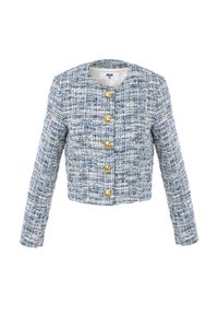 Blauw-witte tweedjas met een cropped ontwerp, lange mouwen, ronde hals en vijf gouden knopen aan de voorkant.