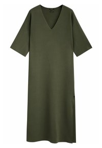 Olive green V-neck dress with short sleeves, made of smooth fabric, featuring a side slit for added movement and a relaxed fit.
