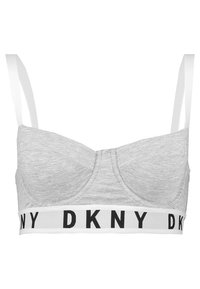Siv brezžični nedrček s skodelicami, širokim belim pasom z črnim logotipom "DKNY" in tankimi nastavljivimi naramnicami. Splošna gladka tekstura.
