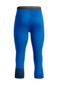 Blue athletic leggings with a black waistband and dark cuffs. Smooth texture, fitted design, cropped length, no visible patterns.