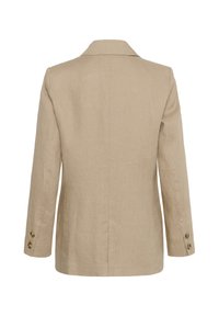Blazer beige à manches longues avec deux boutons sur chaque manchette, couture visible au centre du dos, et col à revers cranté.