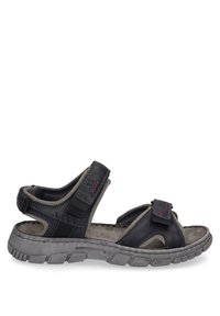 Czarno-szare sandały z rzepami, wyściełanym wnętrzem, gumową podeszwą i fakturowanymi akcentami. Otwarty design zapewniający wentylację i elastyczność.