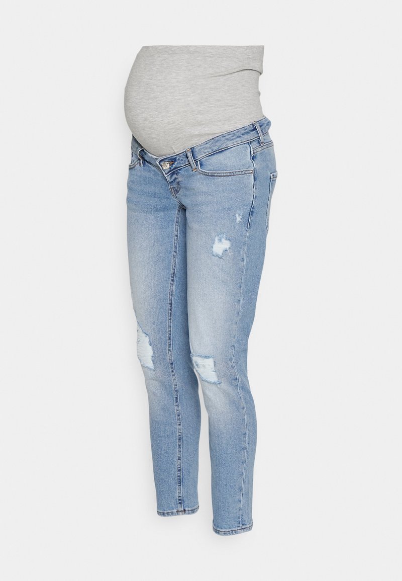 Jeans de maternidad de color azul claro con una cinturilla elástica gris y detalles desgastados en las piernas. Corte ajustado con tobillos ceñidos.