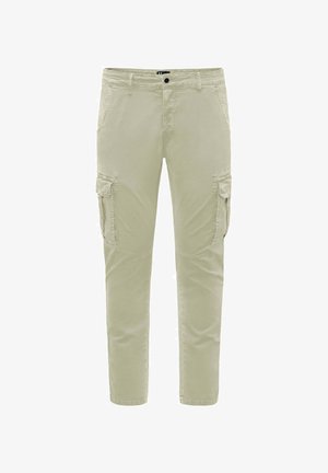 Jasnozielone spodnie cargo wykonane z bawełny, z wieloma bocznymi kieszeniami, regularnym krojem i prostymi nogawkami. Gładka tekstura na całej powierzchni.