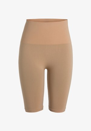 Shorts de vélo taille haute beiges, fabriqués en matériau extensible et lisse ; design ajusté avec une texture sans couture et longueur mi-cuisse.