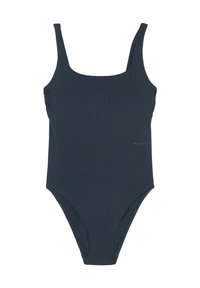 Tmavě modrý jednobarevný plavky s širšími ramínky, elegantním tělem a vysokým vykrojením nohou. Obsahuje vnitřní podšívku a jemný detail loga značky.