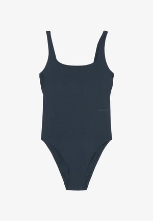 Marineblauwe badpak met brede schouderbanden, een strak lijfje en een hoge beenuitsnijding. Voorzien van een interne voering en een subtiele merklogo-detail.