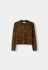 Krátký kardigan s leopardím potiskem vyrobený z měkké tkaniny, se dlouhými rukávy, kulatým výstřihem a zapínáním na knoflíky vpředu.
