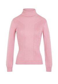 Maglione a collo alto rosa con texture a coste, maniche lunghe e una vestibilità aderente. Materiale morbido con una finitura liscia.