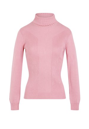 Maglione a collo alto rosa con texture a coste, maniche lunghe e una vestibilità aderente. Materiale morbido con una finitura liscia.