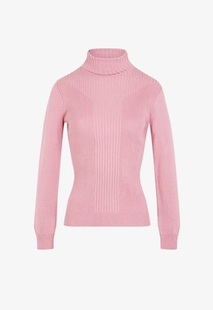 Roze coltrui met ribbelstructuur, lange mouwen en een aansluitend ontwerp. Zacht materiaal met een gladde afwerking.
