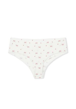 Culotte hipster pour femmes blanches avec un petit motif floral de roses roses uniformément réparti sur le tissu.
