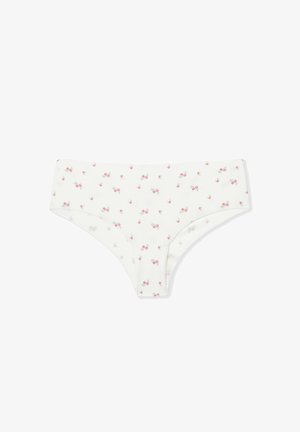 Culotte hipster pour femmes blanches avec un petit motif floral de roses roses uniformément réparti sur le tissu.
