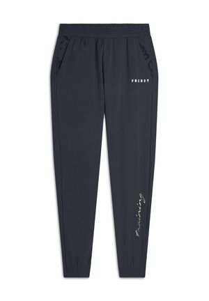 Pantaloni sportivi navy realizzati in materiale morbido; presentano una vita elastica, tasche laterali e un logo testuale bianco sulla parte anteriore e laterale.