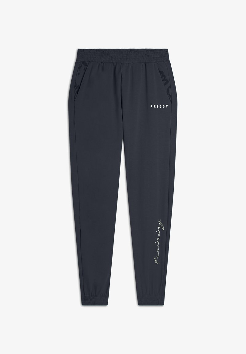 Pantaloni sportivi navy realizzati in materiale morbido; presentano una vita elastica, tasche laterali e un logo testuale bianco sulla parte anteriore e laterale.