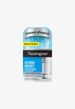Neutrogena Hydro Boost packaging features a transparent bottle with a light blue label, silver accents, and text highlighting hyaluronic acid benefits.