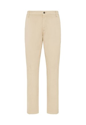 Beige chinos featuring a straight cut, made from lightweight cotton fabric, with a button closure and subtle stitching details.