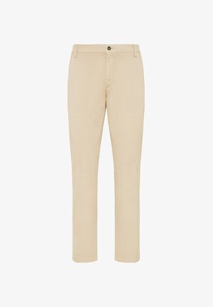 Beige chinos featuring a straight cut, made from lightweight cotton fabric, with a button closure and subtle stitching details.