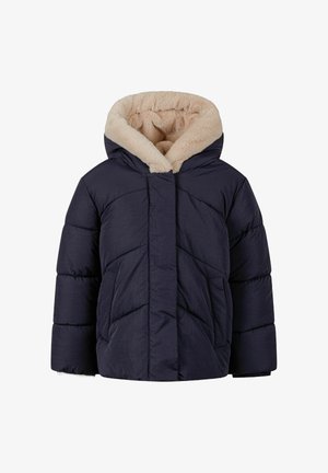 Tengerészeti színű puffermellény bézs műszőrme kapucnival, cipzáros elülső résszel, oldalsó zsebekkel és steppelt mintázattal az anyagon.