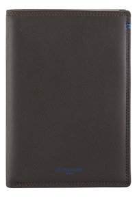 Brown leather wallet with a textured finish, blue accent stitching, and embossed logo on the bottom. Compact rectangular shape.