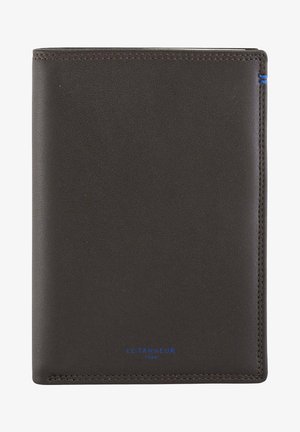 Brown leather wallet with a textured finish, blue accent stitching, and embossed logo on the bottom. Compact rectangular shape.