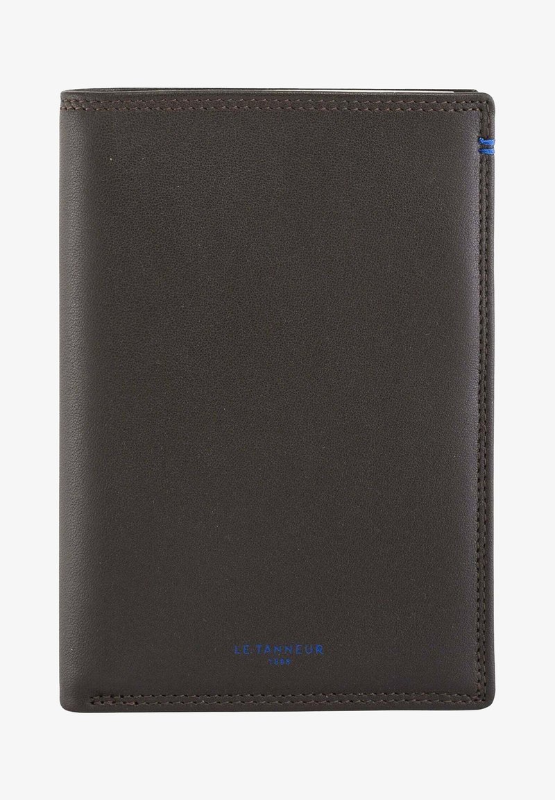 Brown leather wallet with a textured finish, blue accent stitching, and embossed logo on the bottom. Compact rectangular shape.